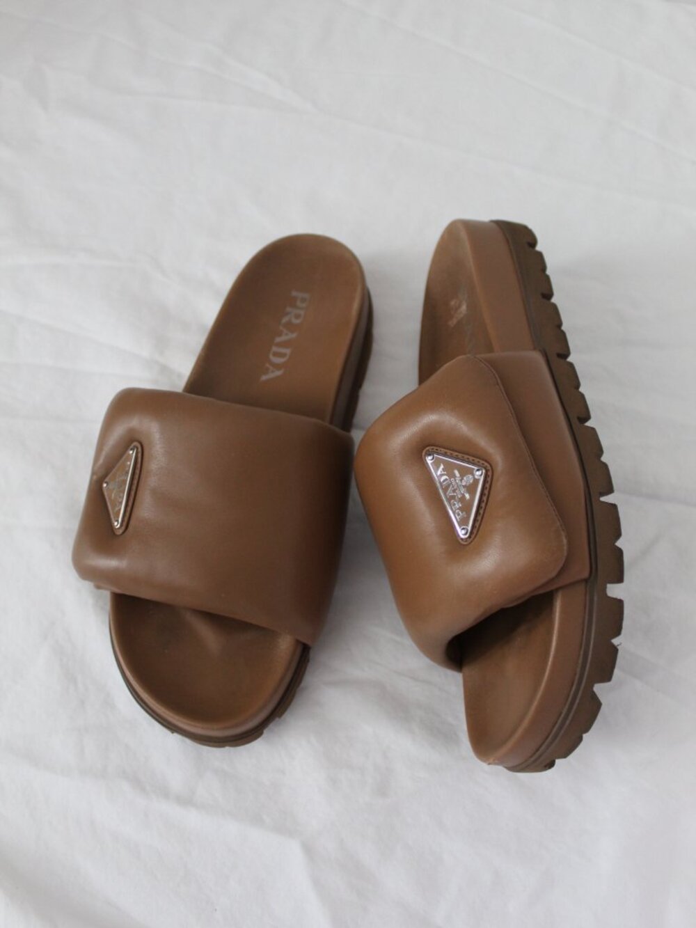 PRADA Padded Leather Slides Brown Triangle Logo Flats Slip Ons Sandals 39.5